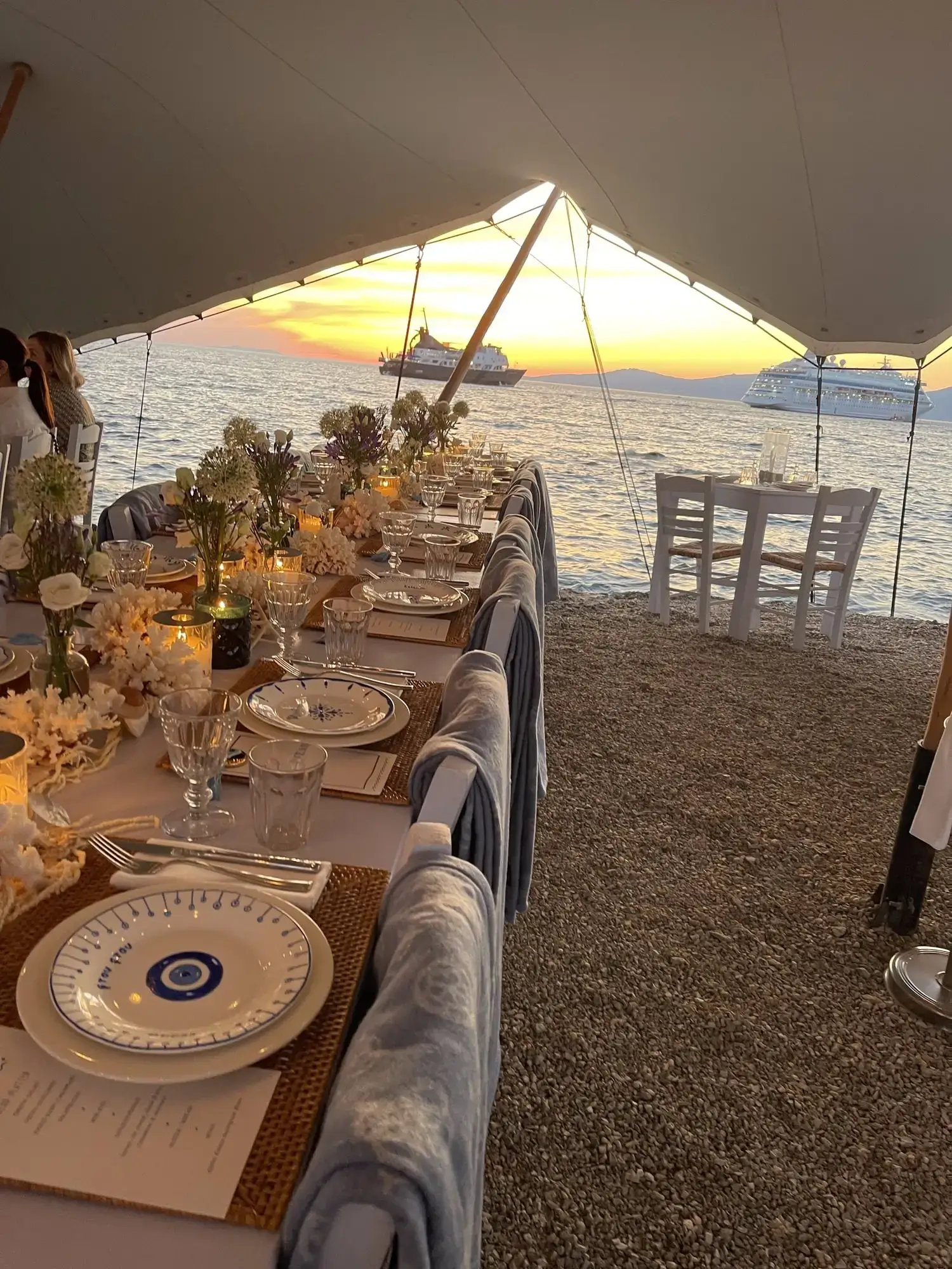 Sunset dinner table at Sea Satin Market Mykonos for the GUESS influencer experience