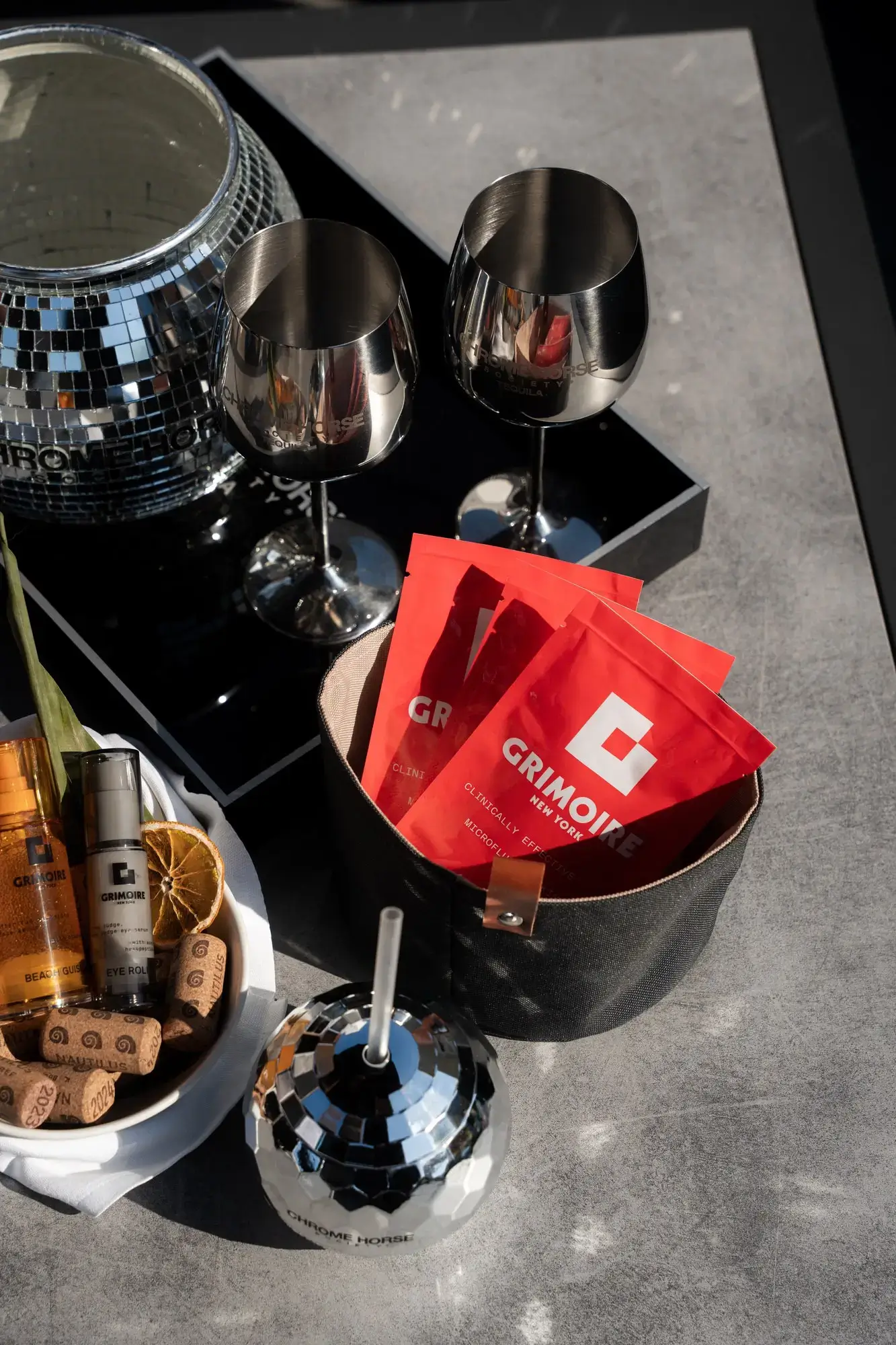 Grimoire NYC x Chrome Horse Tequila activation table setup at Rochari Hotel Mykonos